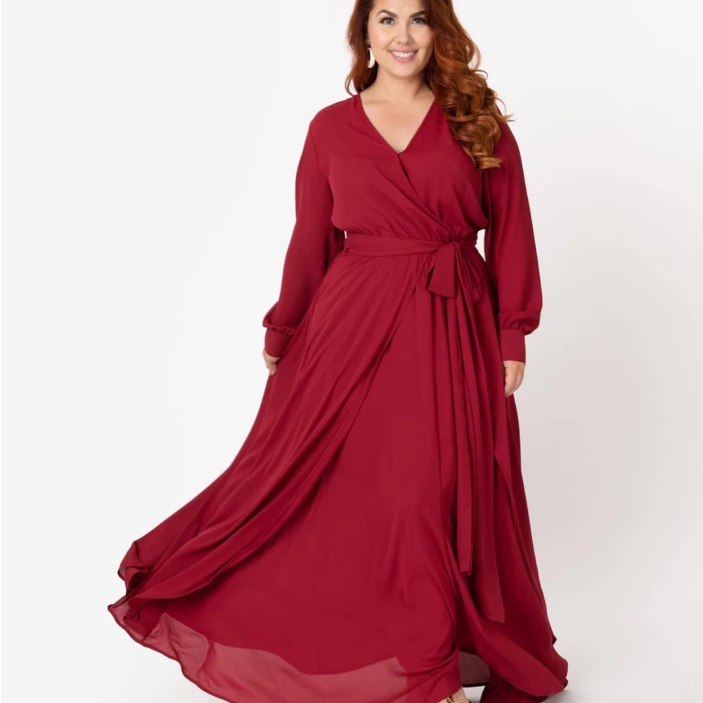 Unique Vintage Plus Size Burgundy Red Long Sleeve Farrah Maxi Dress - 1X/16